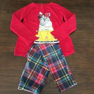 2-Piece Red Kitty Shirt w/ Plaid Leggings Outfit